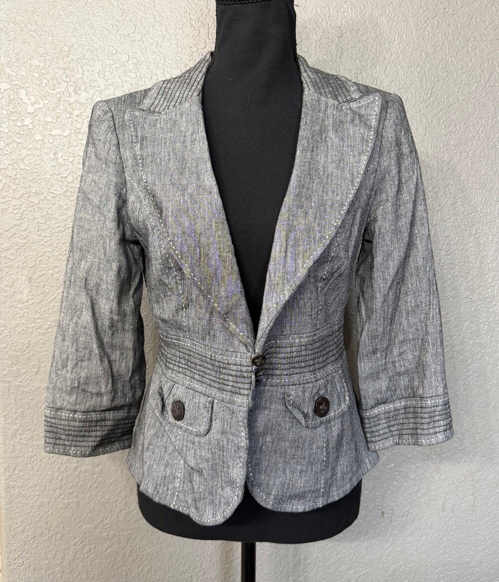 White House Black Market WHBM Womens Sz 4 Gray Blazer Jacket Coat Linen Blend